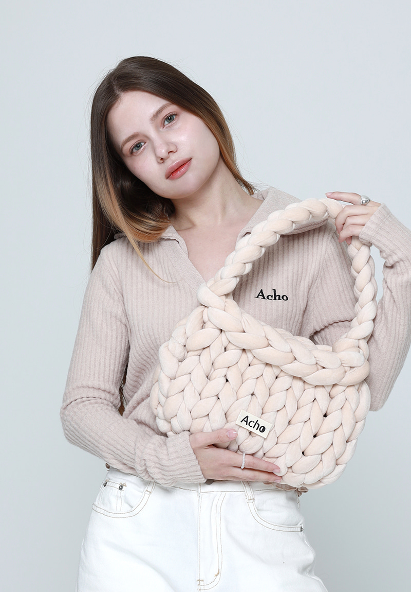 Velvet Knitted Pongpong Shoulder Bag_Cream Beige